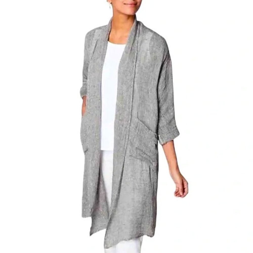 Pure J Jill Linen Airy Long Cardigan Duster L Gray White Slub